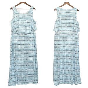 Esmara Blouson Maxi Dress with Overlay Women Size XL Ikat Print Sleeveless‎ Blue